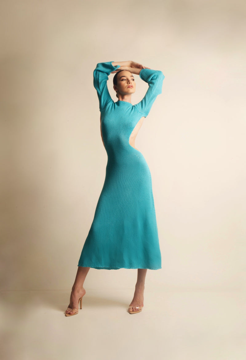 Mariandree Gaitan Women's Maite Faux-Pearl Embellished Open-Back Knit Midi Dress in Turquoise Blue Size XS | Cotton/Acrylic Mariandree Gaitan Women's Maite Faux-Pearl Embellished Open-Back Knit Midi Dress in Turquoise Blue Size XS | Cotton/Acrylic