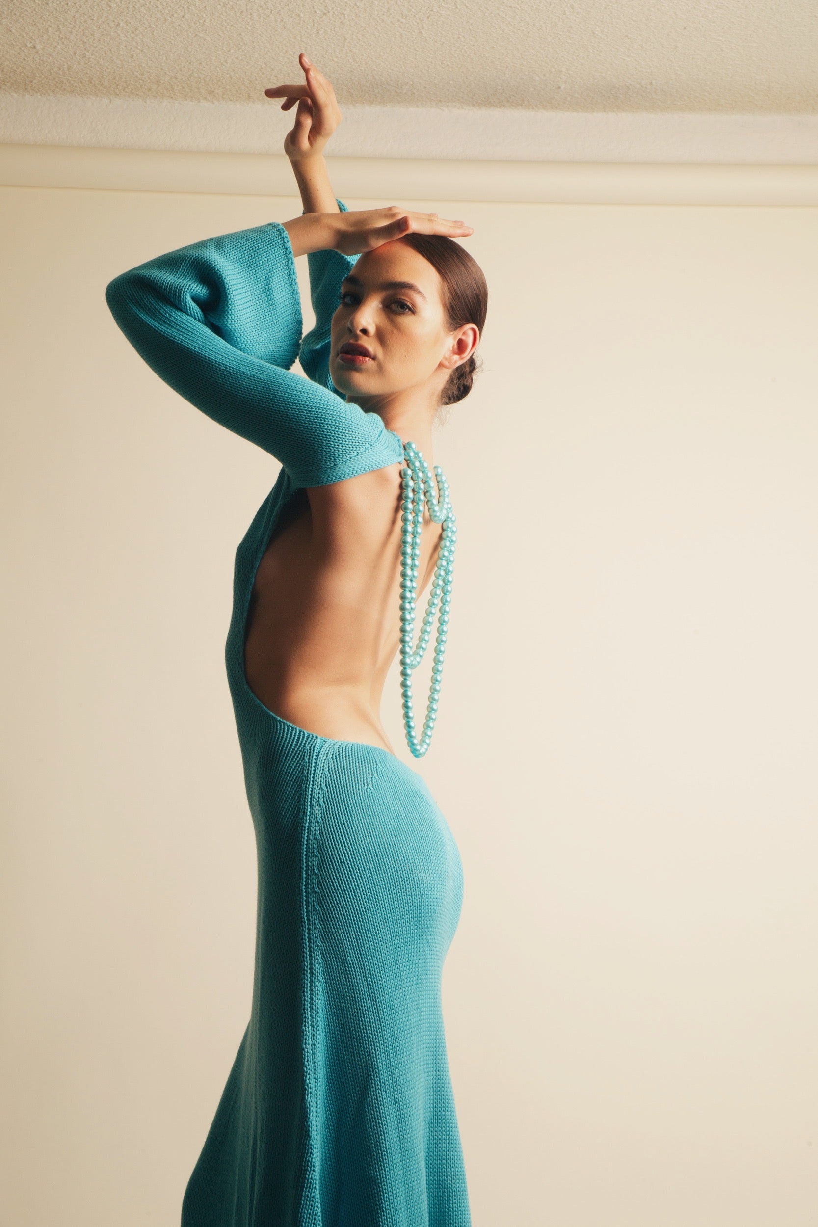 Mariandree Gaitan Women's Maite Faux-Pearl Embellished Open-Back Knit Midi Dress in Turquoise Blue Size XS | Cotton/Acrylic Mariandree Gaitan Women's Maite Faux-Pearl Embellished Open-Back Knit Midi Dress in Turquoise Blue Size XS | Cotton/Acrylic